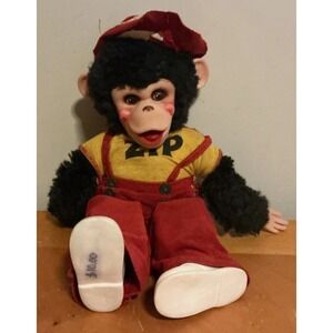 Rushton Zip Monkey Large Plush 1950s Red Overalls Yellow Shirt Vintage Doll